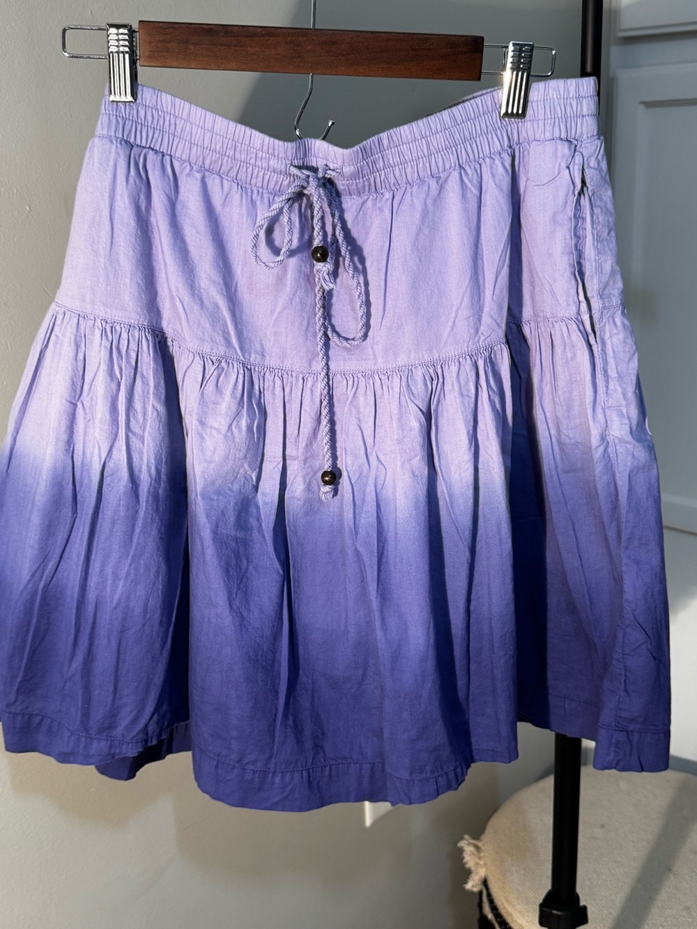 Gap Purple Ombre Cotton Tiered Skirt Medium Boho Drawstring Waist Lined Midi